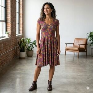 Peruvian Connection Isabel Dress S Pima Cotton Modal Floral‎ Fit Flare V-Neck
